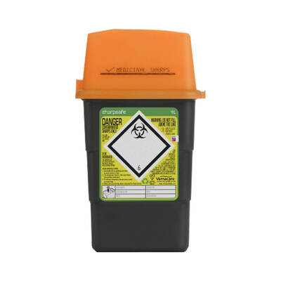 Sharp Safe 1L Grey/ Orange Lid sharps bin